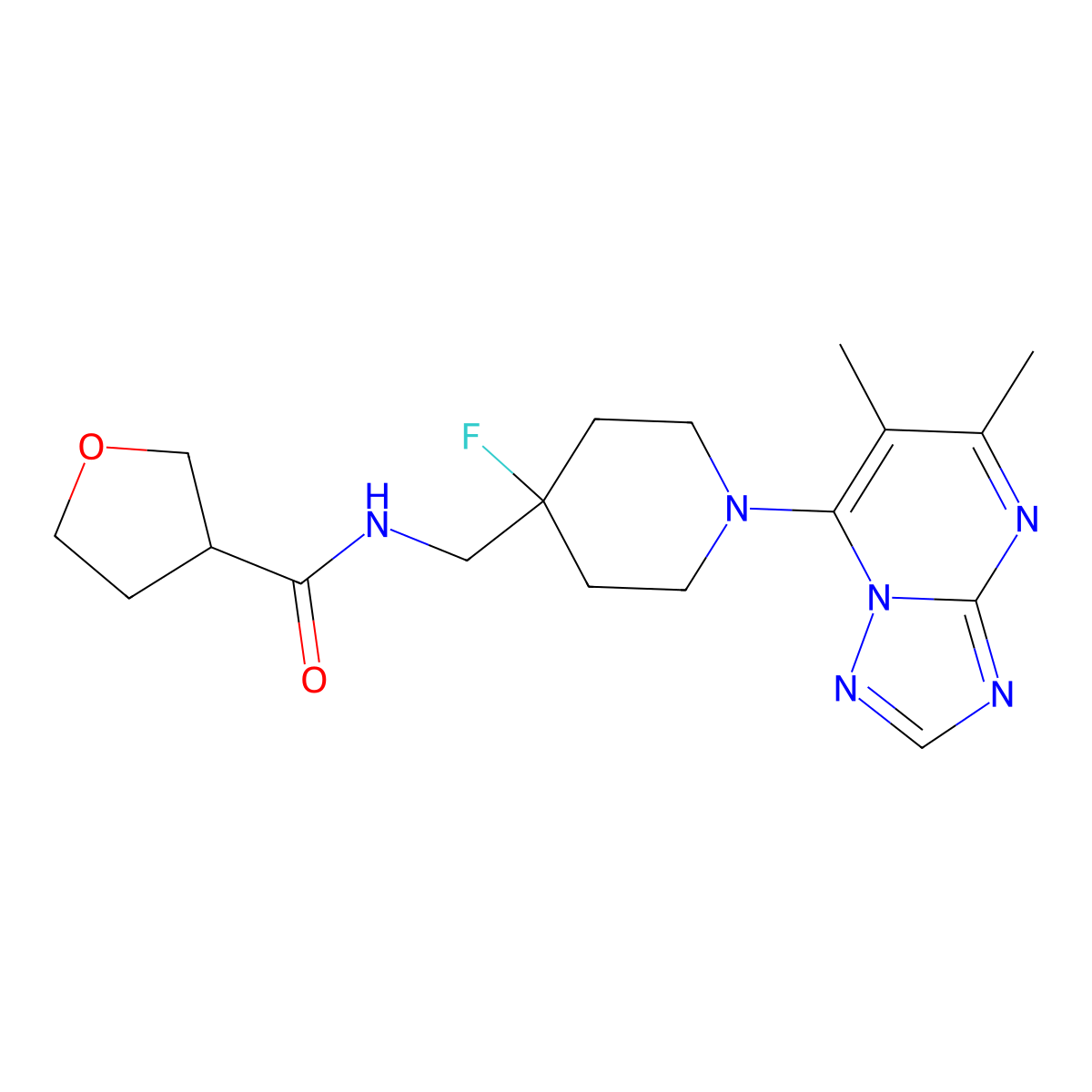 N-[(1-{5,6-dimethyl-[1,2,4]triazolo[1,5-a]pyrimidin-7-yl}-4-fluoropiperidin-4-yl)methyl]oxolane-3-carboxamide molecular structure, CAS 2877652-92-9