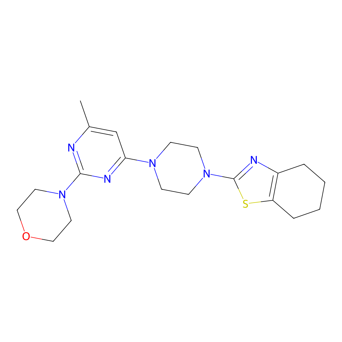 2-{4-[6-Methyl-2-(morpholin-4-yl)pyrimidin-4-yl]piperazin-1-yl}-4,5,6,7-tetrahydro-1,3-benzothiazole molecular structure, CAS 2877652-94-1