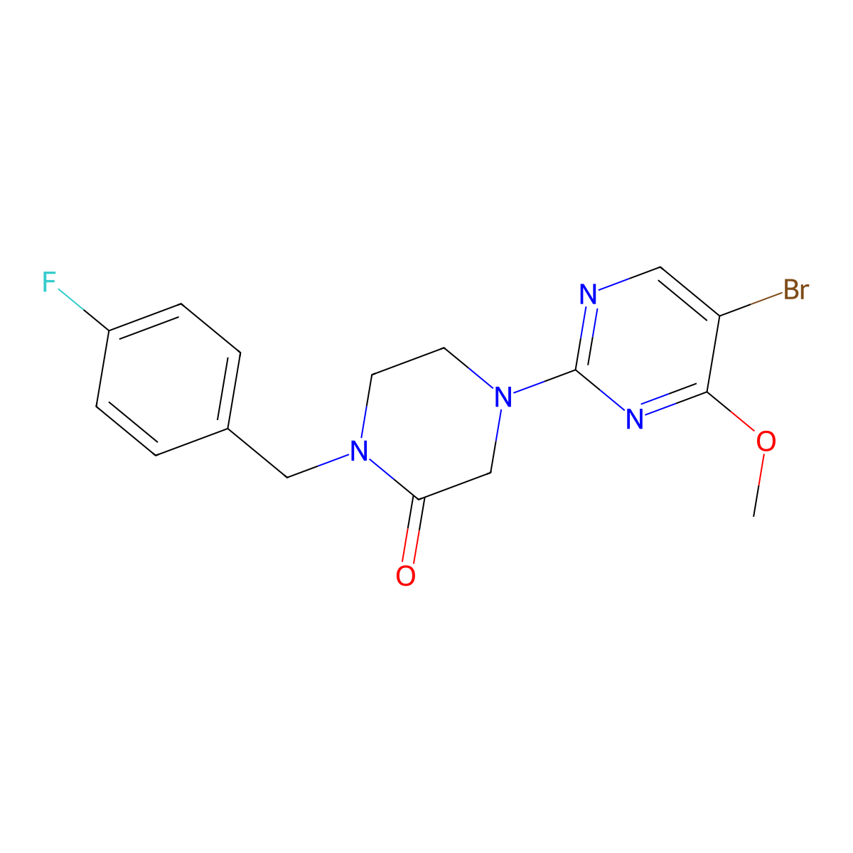 4-(5-Bromo-4-methoxypyrimidin-2-yl)-1-[(4-fluorophenyl)methyl]piperazin-2-one molecular structure, CAS 2877653-12-6