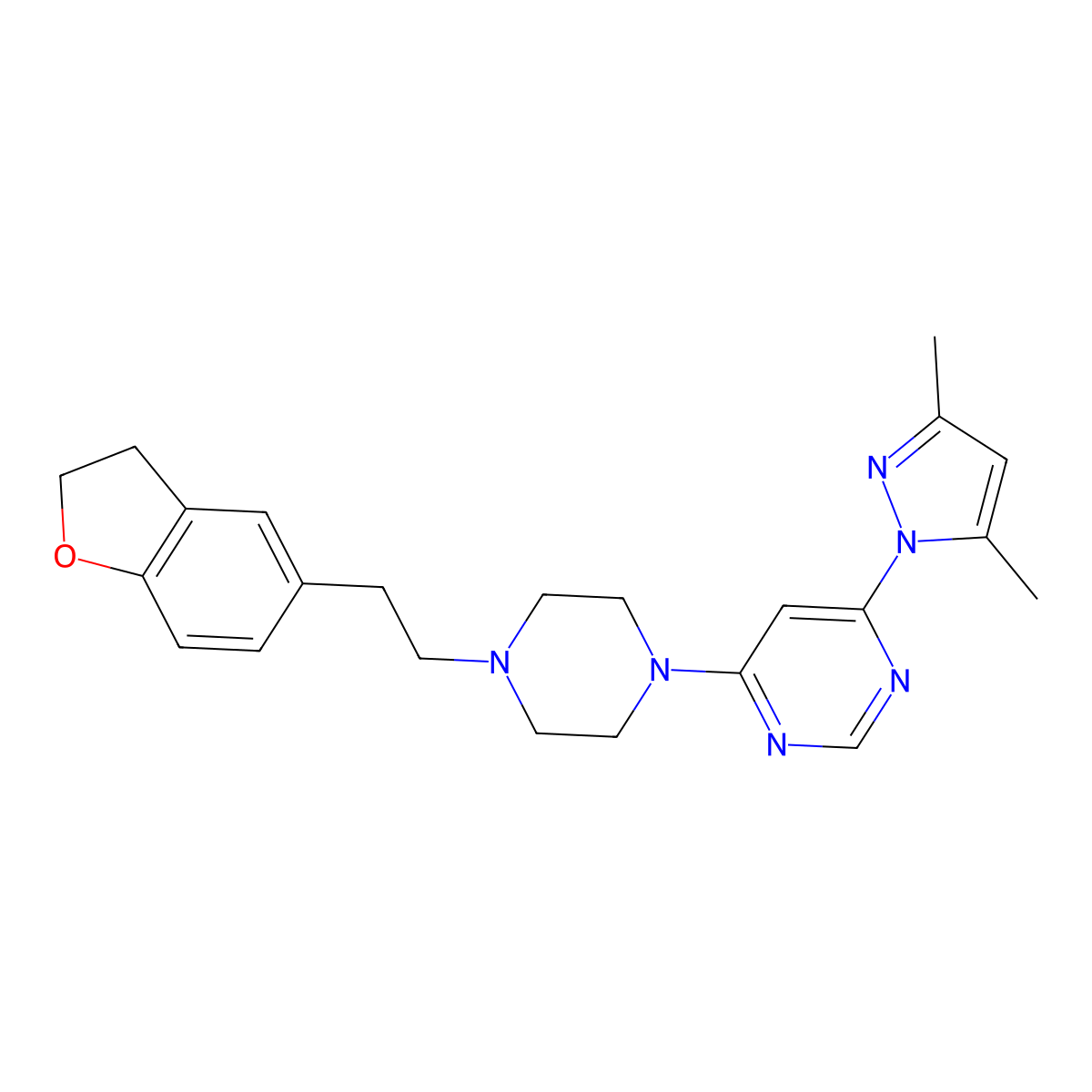4-{4-[2-(2,3-dihydro-1-benzofuran-5-yl)ethyl]piperazin-1-yl}-6-(3,5-dimethyl-1H-pyrazol-1-yl)pyrimidine molecular structure, CAS 2877653-20-6