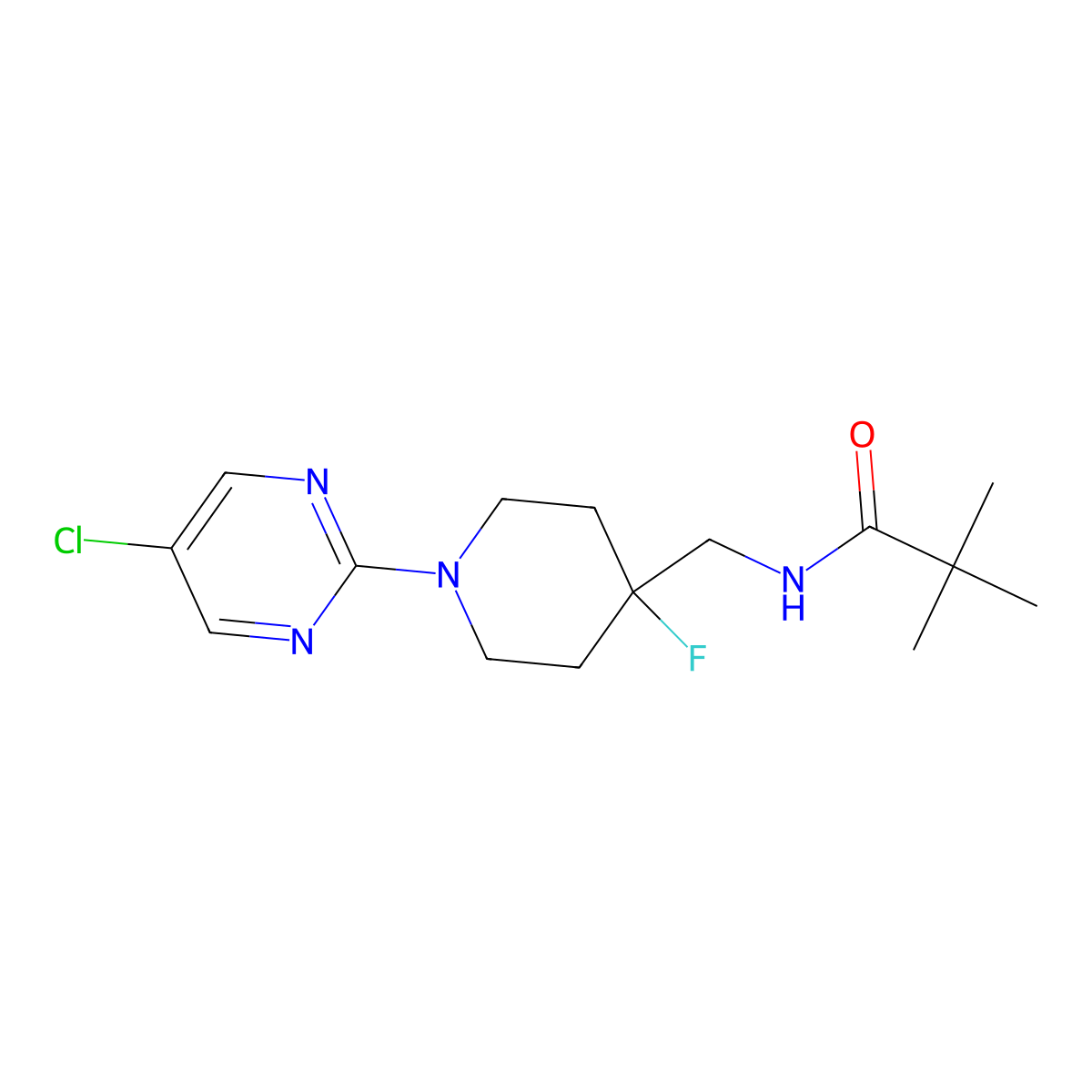 N-{[1-(5-chloropyrimidin-2-yl)-4-fluoropiperidin-4-yl]methyl}-2,2-dimethylpropanamide molecular structure, CAS 2877653-23-9