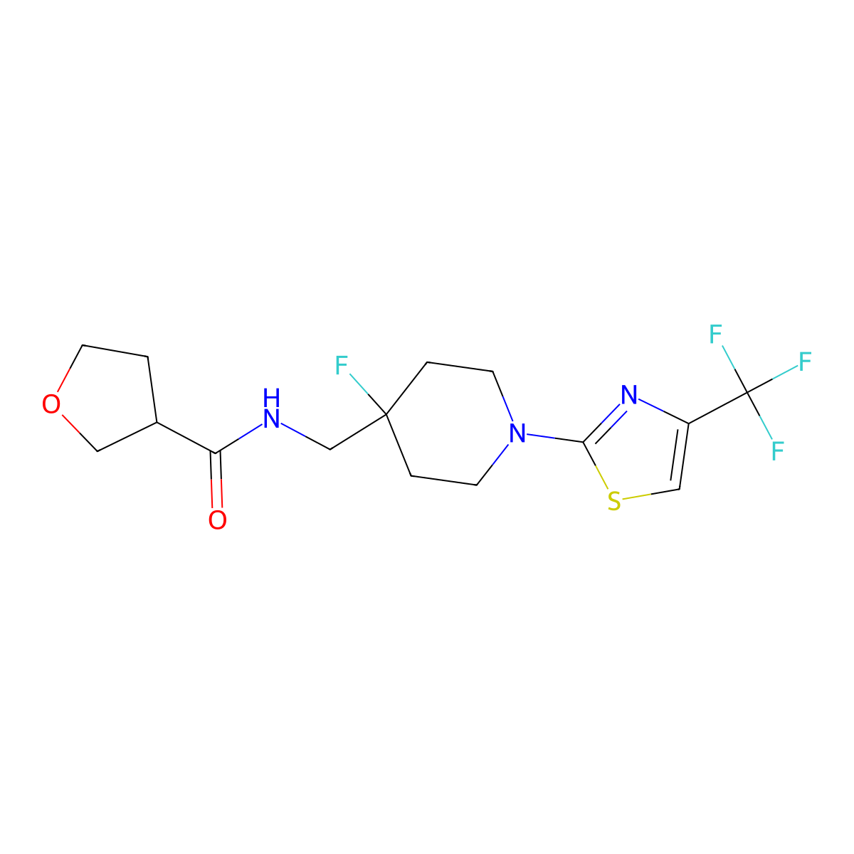N-({4-fluoro-1-[4-(trifluoromethyl)-1,3-thiazol-2-yl]piperidin-4-yl}methyl)oxolane-3-carboxamide molecular structure, CAS 2877653-33-1