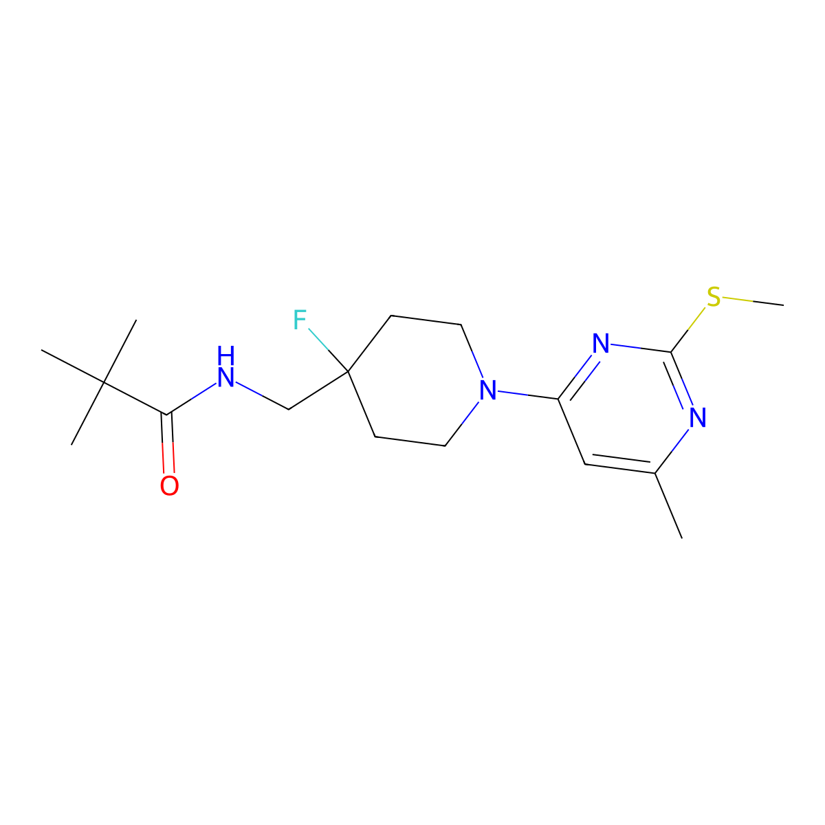 N-({4-fluoro-1-[6-methyl-2-(methylsulfanyl)pyrimidin-4-yl]piperidin-4-yl}methyl)-2,2-dimethylpropanamide molecular structure, CAS 2877653-34-2