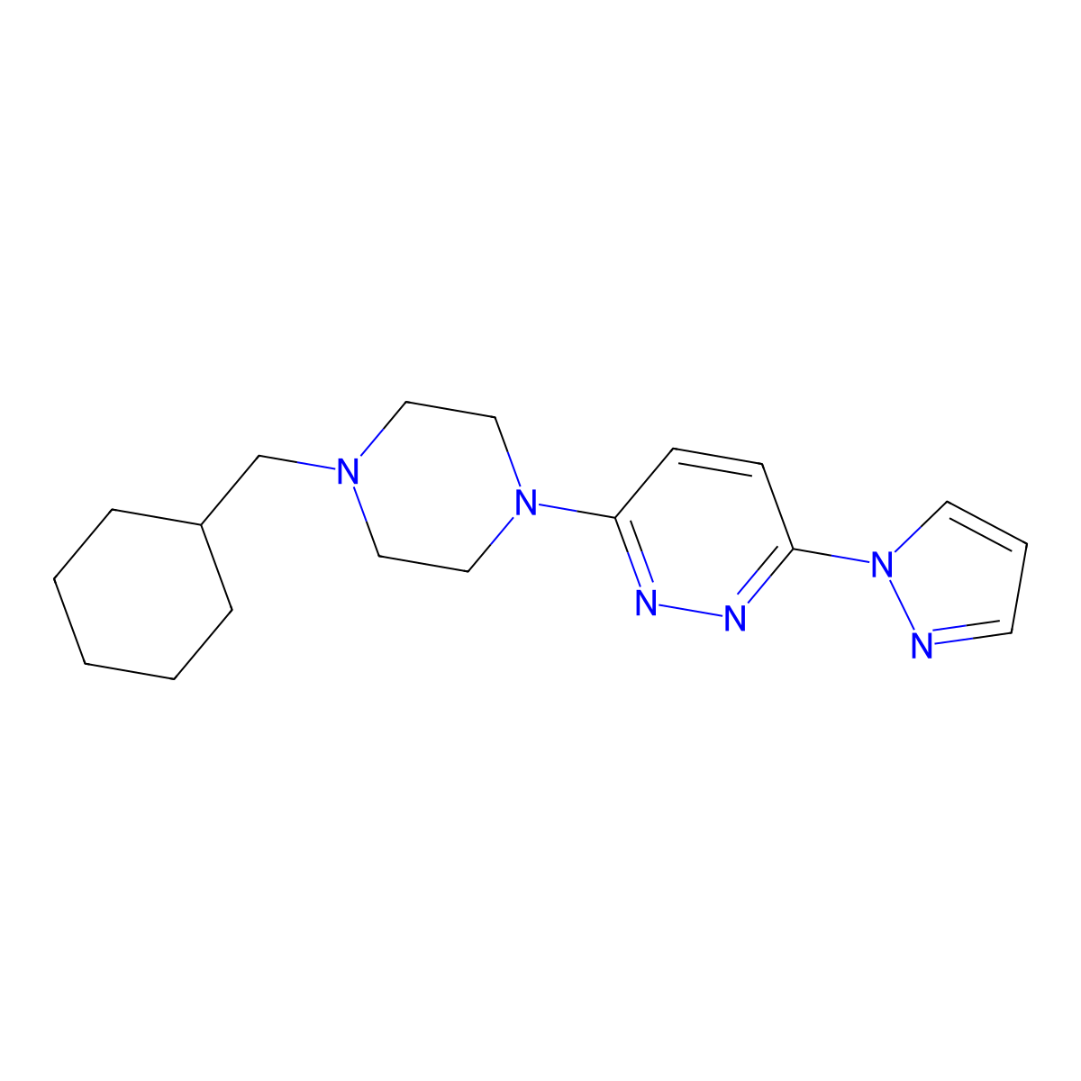 3-[4-(cyclohexylmethyl)piperazin-1-yl]-6-(1H-pyrazol-1-yl)pyridazine molecular structure, CAS 2877653-38-6