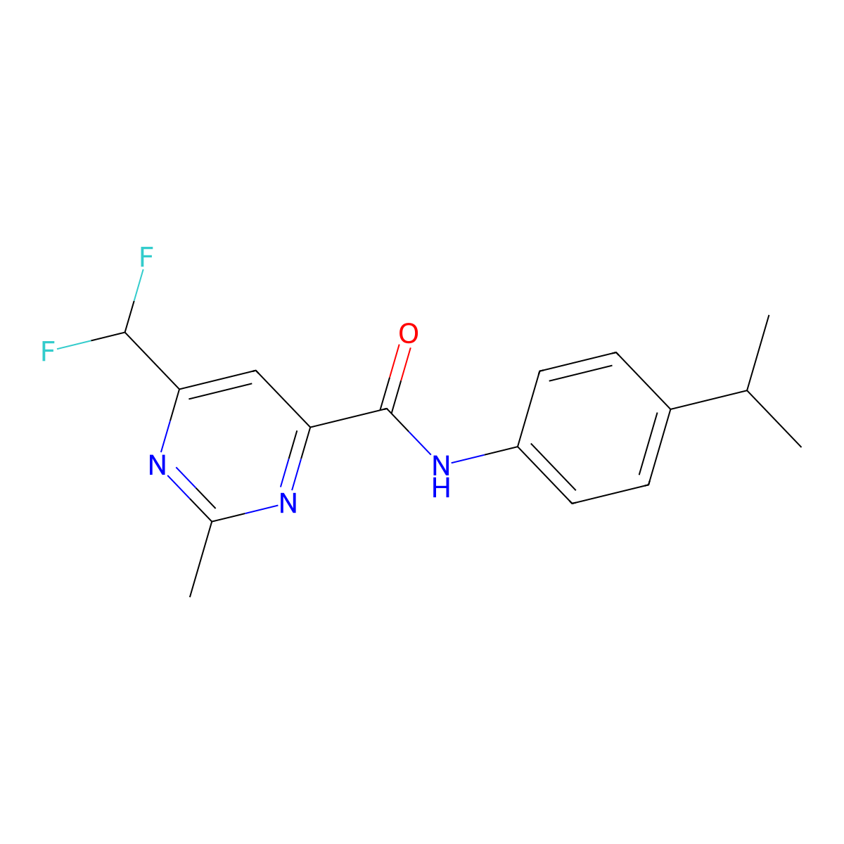 6-(difluoromethyl)-2-methyl-N-[4-(propan-2-yl)phenyl]pyrimidine-4-carboxamide molecular structure, CAS 2877653-40-0