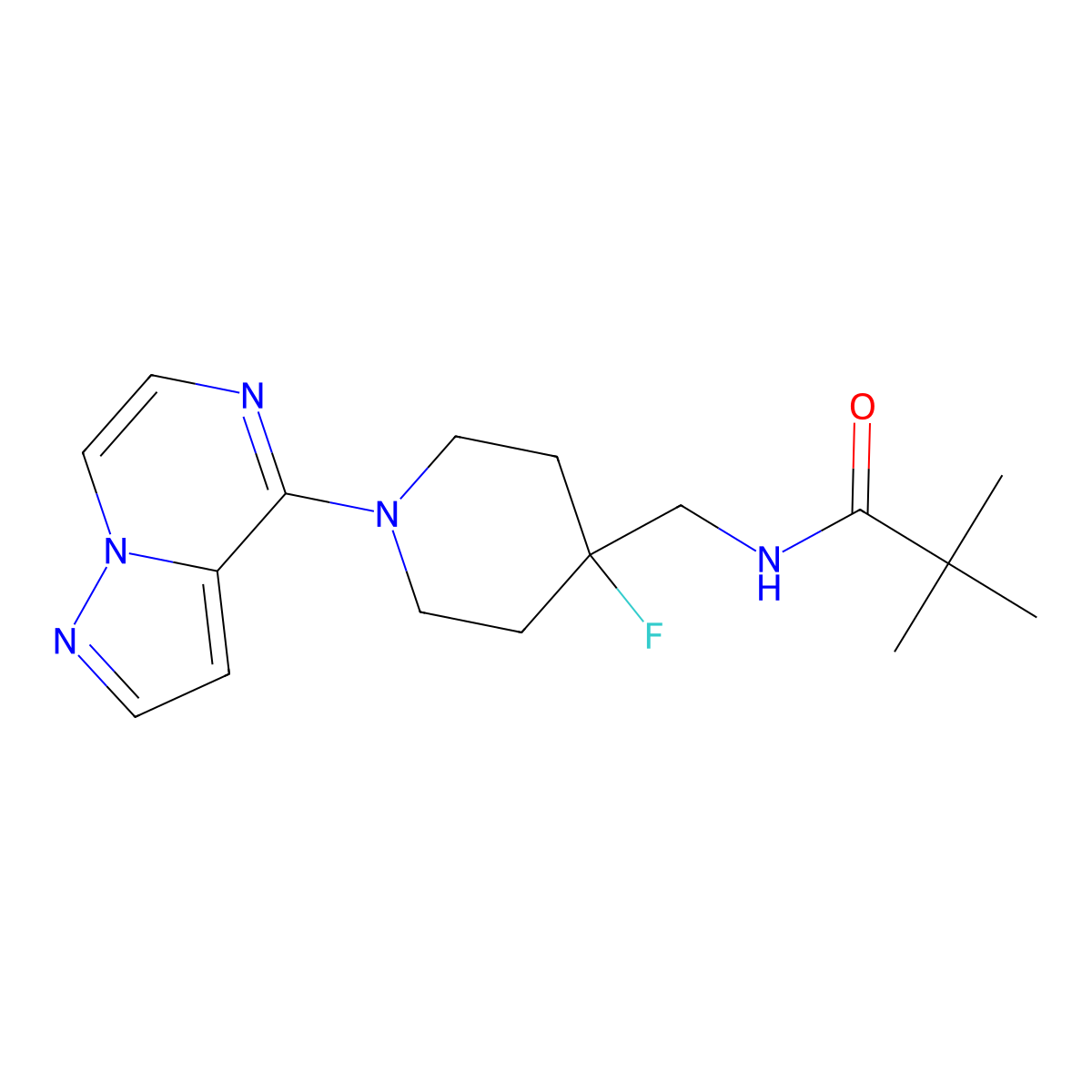 N-[(4-fluoro-1-{pyrazolo[1,5-a]pyrazin-4-yl}piperidin-4-yl)methyl]-2,2-dimethylpropanamide molecular structure, CAS 2877653-44-4