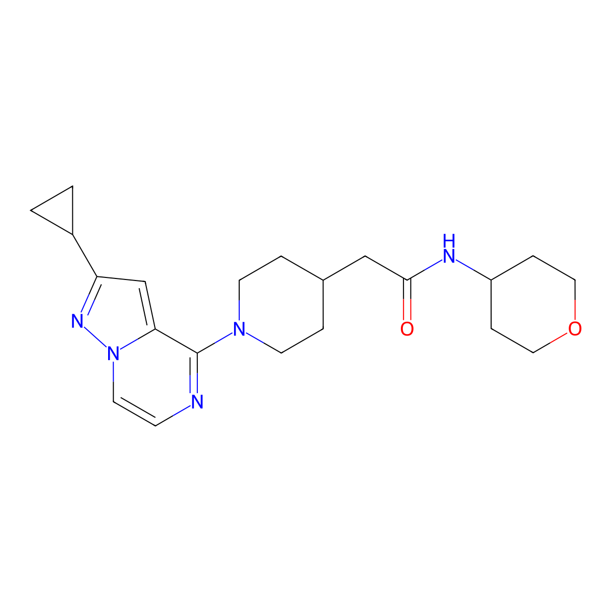 2-(1-{2-cyclopropylpyrazolo[1,5-a]pyrazin-4-yl}piperidin-4-yl)-N-(oxan-4-yl)acetamide molecular structure, CAS 2877653-45-5