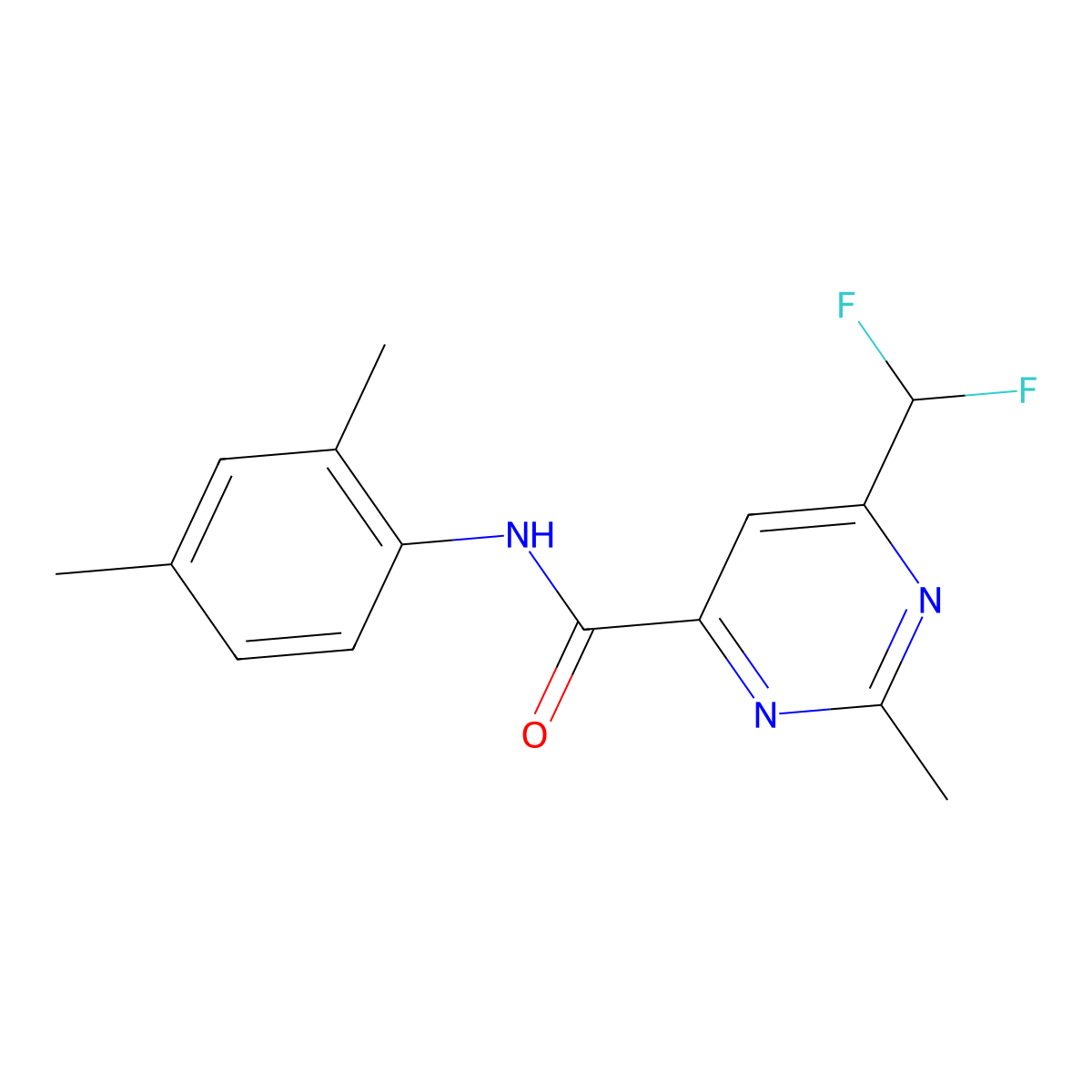 6-(difluoromethyl)-N-(2,4-dimethylphenyl)-2-methylpyrimidine-4-carboxamide molecular structure, CAS 2877653-47-7