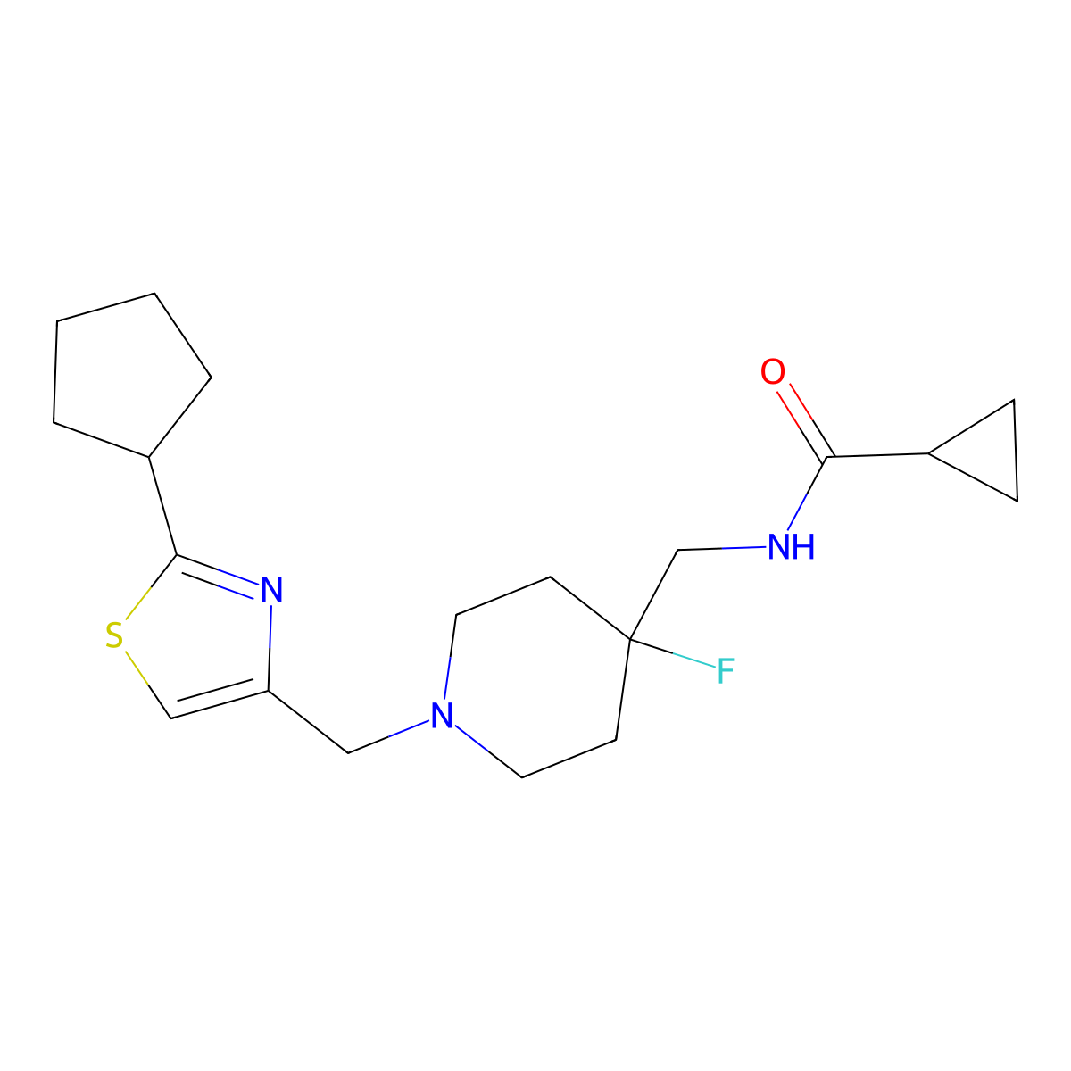 N-({1-[(2-cyclopentyl-1,3-thiazol-4-yl)methyl]-4-fluoropiperidin-4-yl}methyl)cyclopropanecarboxamide molecular structure, CAS 2877653-49-9