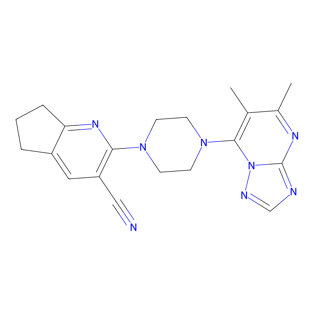 2-(4-{5,6-dimethyl-[1,2,4]triazolo[1,5-a]pyrimidin-7-yl}piperazin-1-yl)-5H,6H,7H-cyclopenta[b]pyridine-3-carbonitrile molecular structure, CAS 2877653-58-0