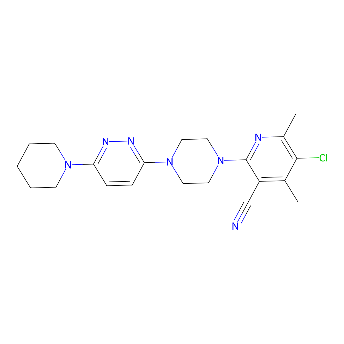 5-Chloro-4,6-dimethyl-2-{4-[6-(piperidin-1-yl)pyridazin-3-yl]piperazin-1-yl}pyridine-3-carbonitrile molecular structure, CAS 2877653-60-4
