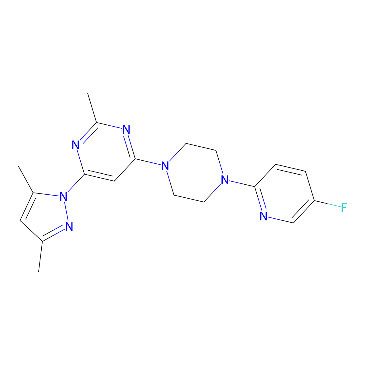 4-(3,5-dimethyl-1H-pyrazol-1-yl)-6-[4-(5-fluoropyridin-2-yl)piperazin-1-yl]-2-methylpyrimidine molecular structure, CAS 2877653-64-8