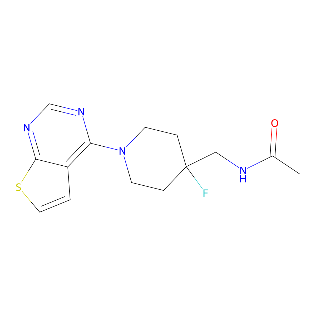 N-[(4-fluoro-1-{thieno[2,3-d]pyrimidin-4-yl}piperidin-4-yl)methyl]acetamide molecular structure, CAS 2877653-69-3