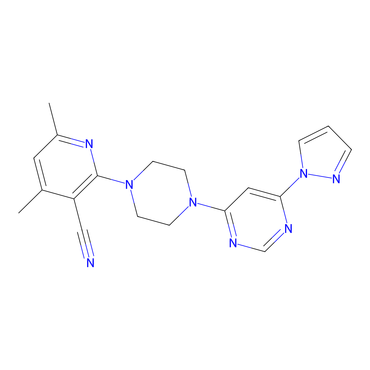4,6-dimethyl-2-{4-[6-(1H-pyrazol-1-yl)pyrimidin-4-yl]piperazin-1-yl}pyridine-3-carbonitrile molecular structure, CAS 2877653-75-1