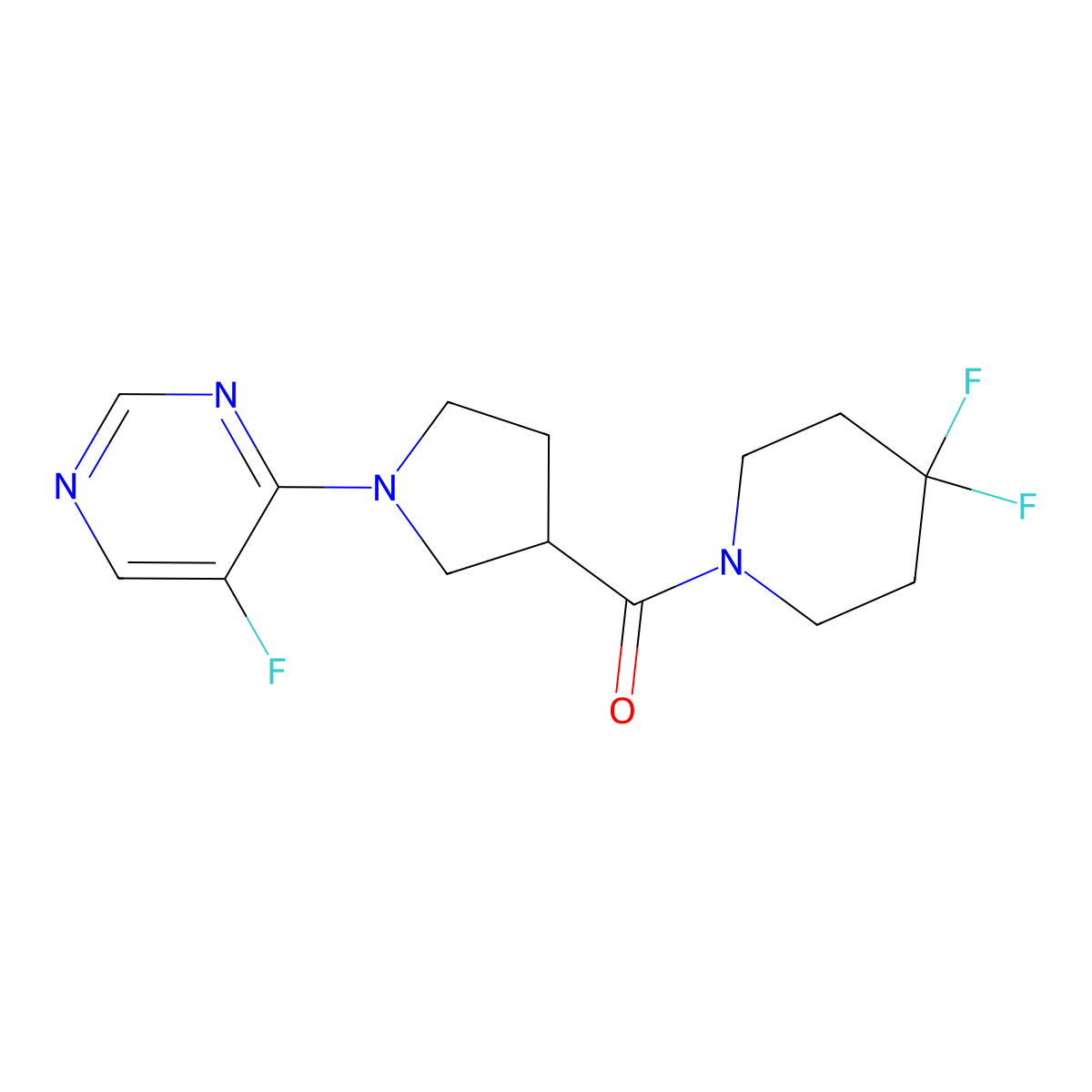4-[3-(4,4-Difluoropiperidine-1-carbonyl)pyrrolidin-1-yl]-5-fluoropyrimidine molecular structure, CAS 2877653-76-2