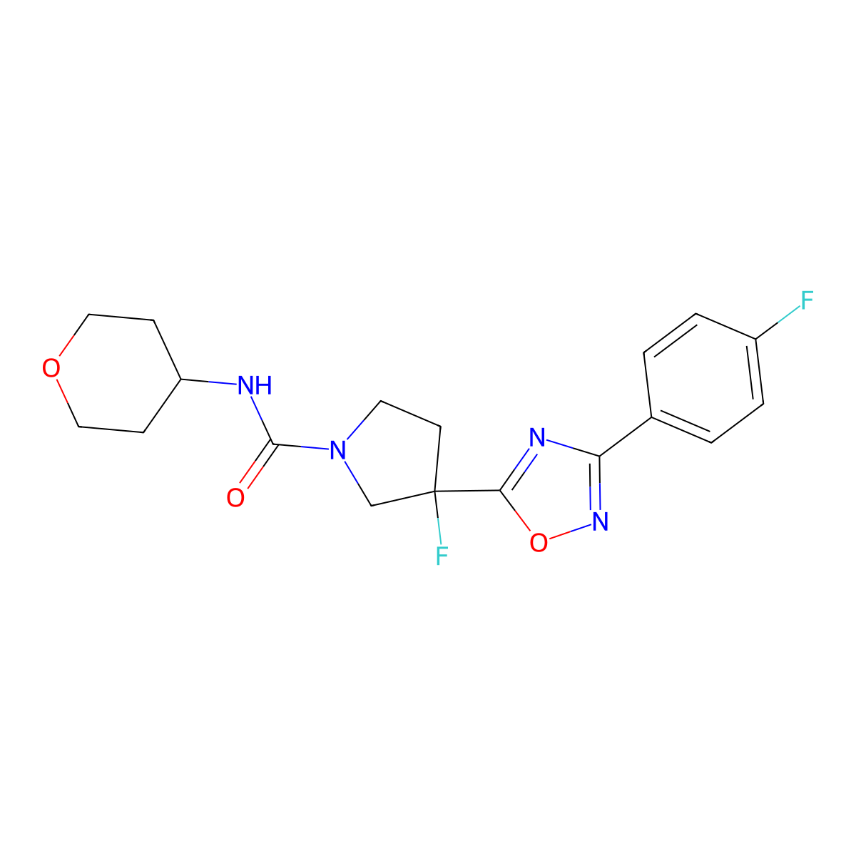 3-fluoro-3-[3-(4-fluorophenyl)-1,2,4-oxadiazol-5-yl]-N-(oxan-4-yl)pyrrolidine-1-carboxamide molecular structure, CAS 2877653-78-4
