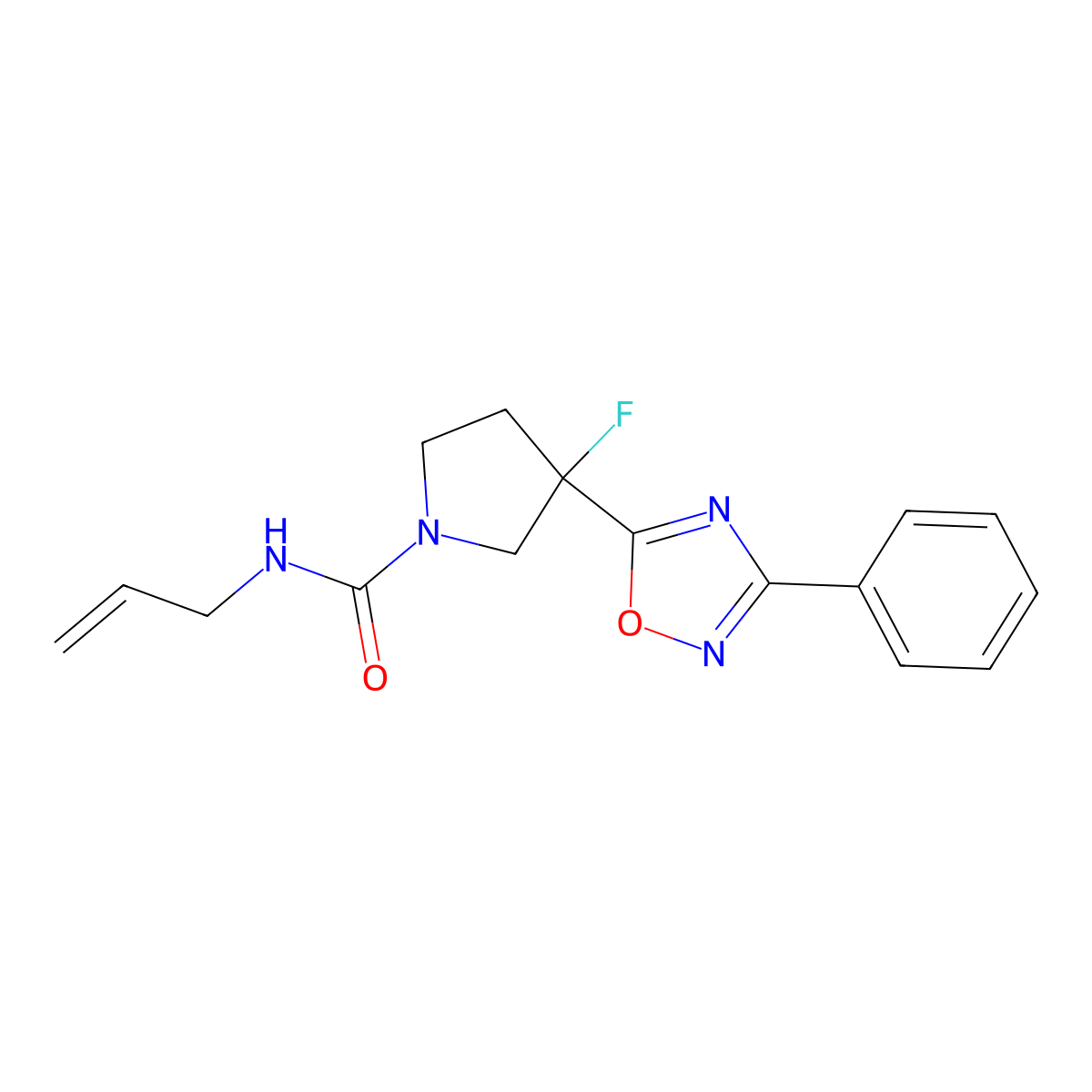 3-fluoro-3-(3-phenyl-1,2,4-oxadiazol-5-yl)-N-(prop-2-en-1-yl)pyrrolidine-1-carboxamide molecular structure, CAS 2877653-81-9