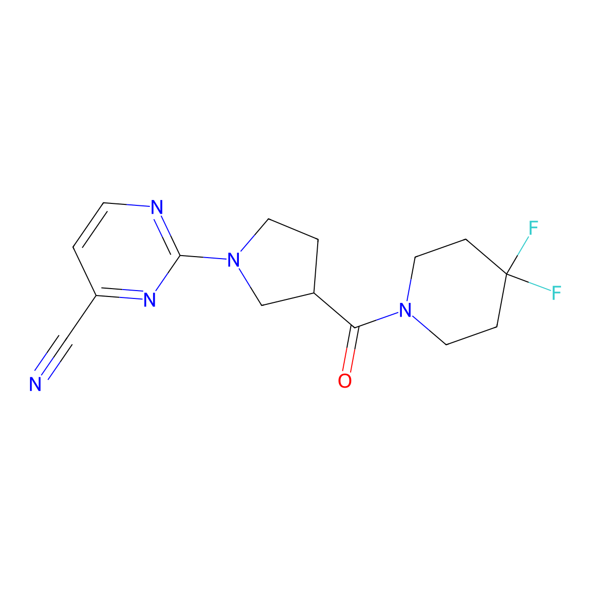 2-[3-(4,4-Difluoropiperidine-1-carbonyl)pyrrolidin-1-yl]pyrimidine-4-carbonitrile molecular structure, CAS 2877653-82-0