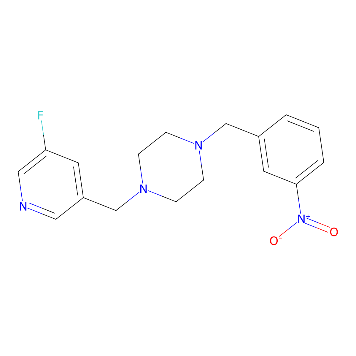 1-[(5-Fluoropyridin-3-yl)methyl]-4-[(3-nitrophenyl)methyl]piperazine molecular structure, CAS 2877653-83-1