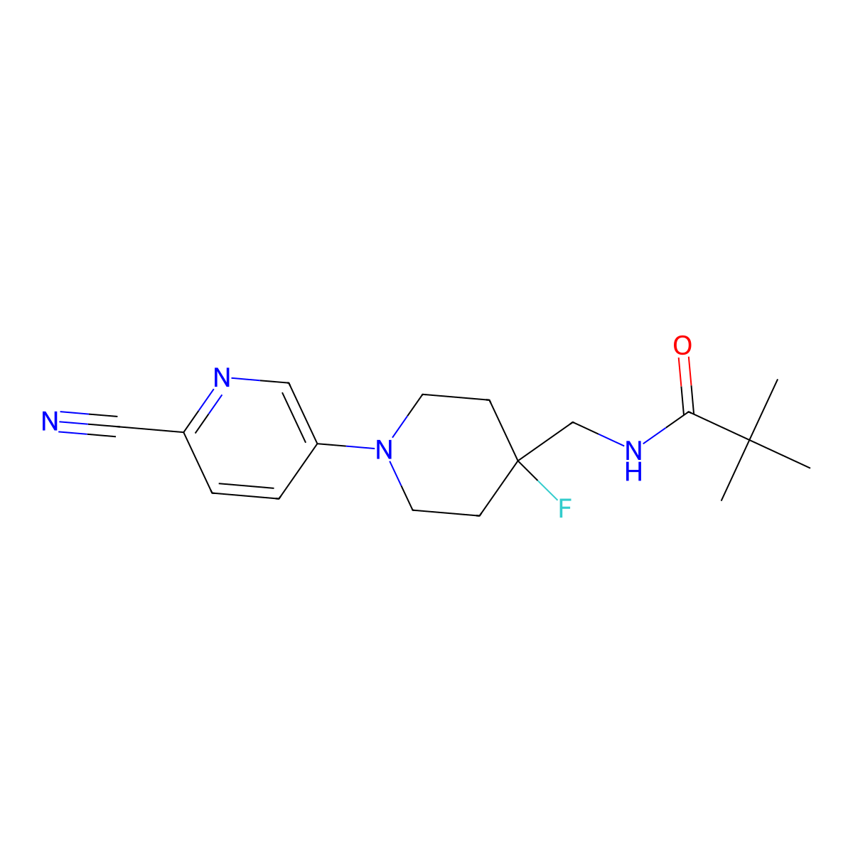 N-{[1-(6-cyanopyridin-3-yl)-4-fluoropiperidin-4-yl]methyl}-2,2-dimethylpropanamide molecular structure, CAS 2877653-85-3