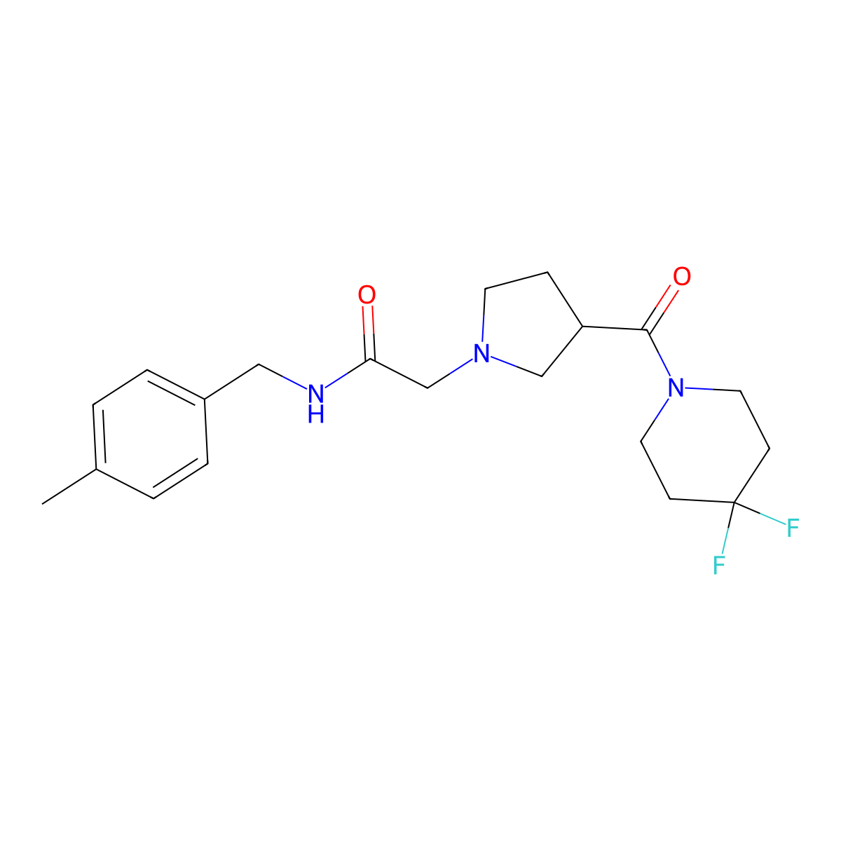 2-[3-(4,4-difluoropiperidine-1-carbonyl)pyrrolidin-1-yl]-N-[(4-methylphenyl)methyl]acetamide molecular structure, CAS 2877653-86-4