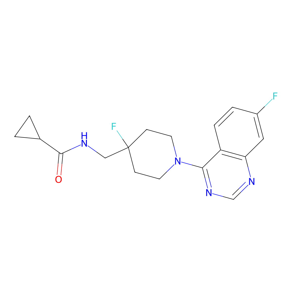 N-{[4-fluoro-1-(7-fluoroquinazolin-4-yl)piperidin-4-yl]methyl}cyclopropanecarboxamide molecular structure, CAS 2877654-01-6