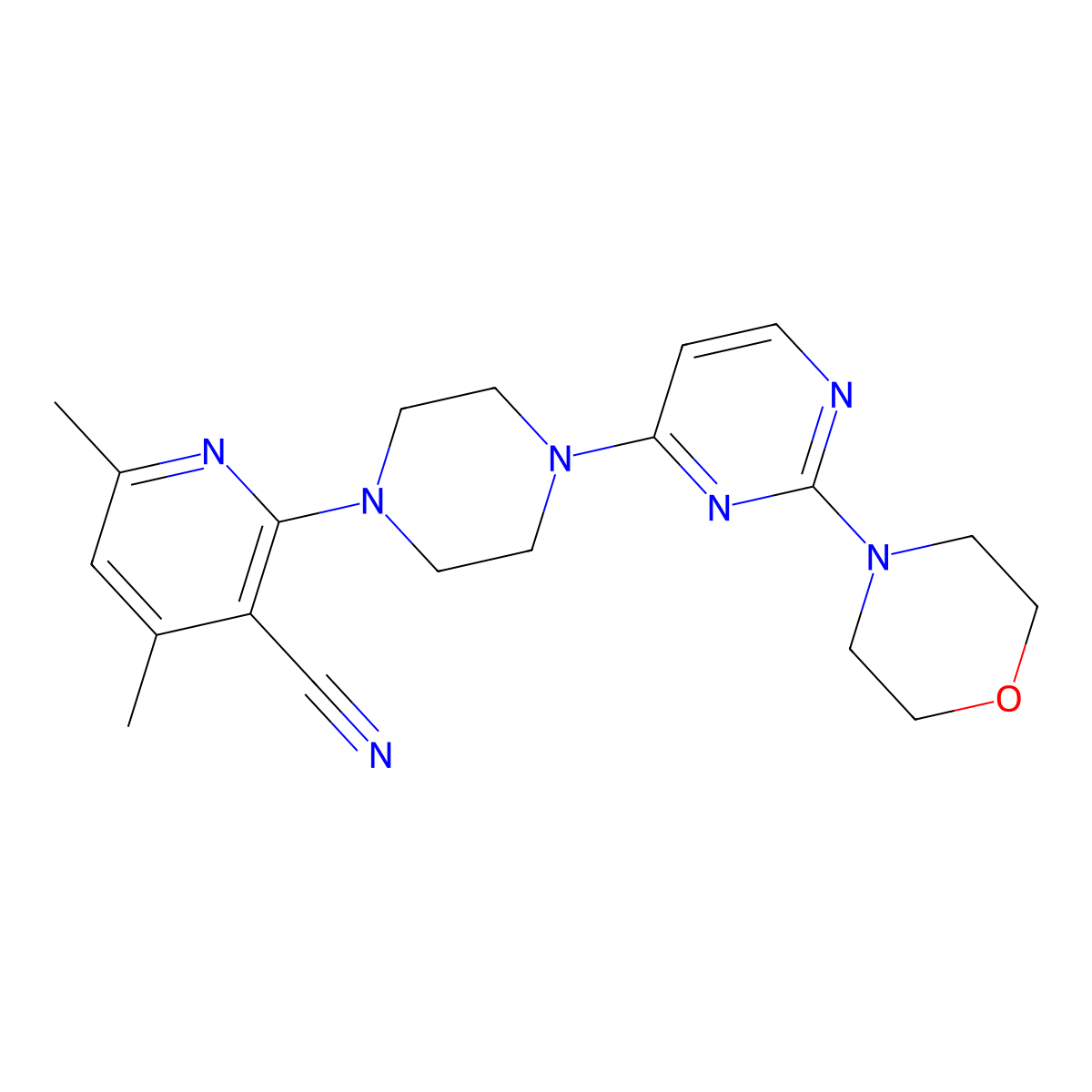 4,6-Dimethyl-2-{4-[2-(morpholin-4-yl)pyrimidin-4-yl]piperazin-1-yl}pyridine-3-carbonitrile molecular structure, CAS 2877654-04-9