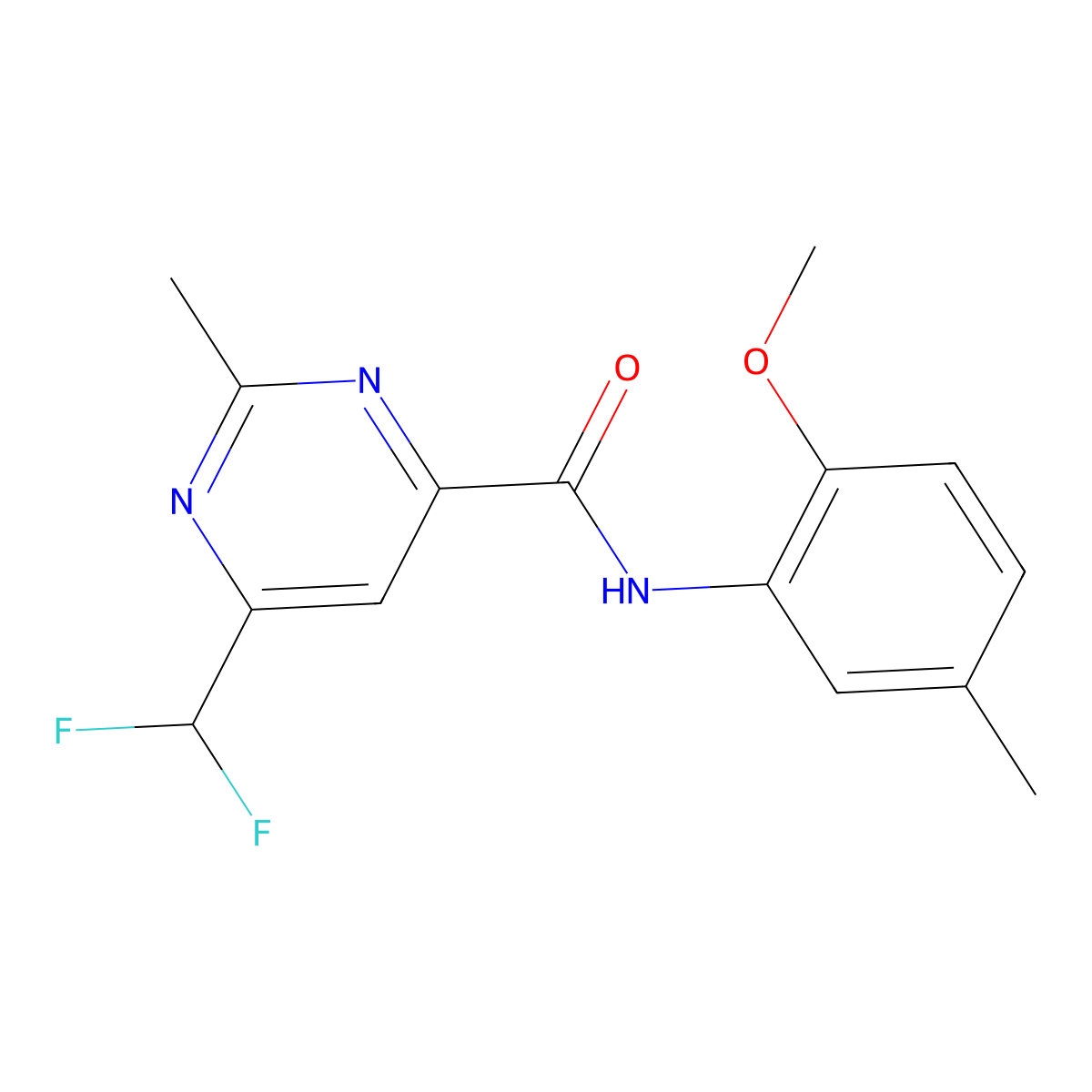 6-(difluoromethyl)-N-(2-methoxy-5-methylphenyl)-2-methylpyrimidine-4-carboxamide molecular structure, CAS 2877654-05-0