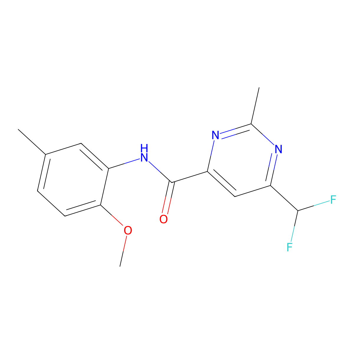 6-(difluoromethyl)-N-(2-methoxy-5-methylphenyl)-2-methylpyrimidine-4-carboxamide molecular structure, CAS 2877654-05-0