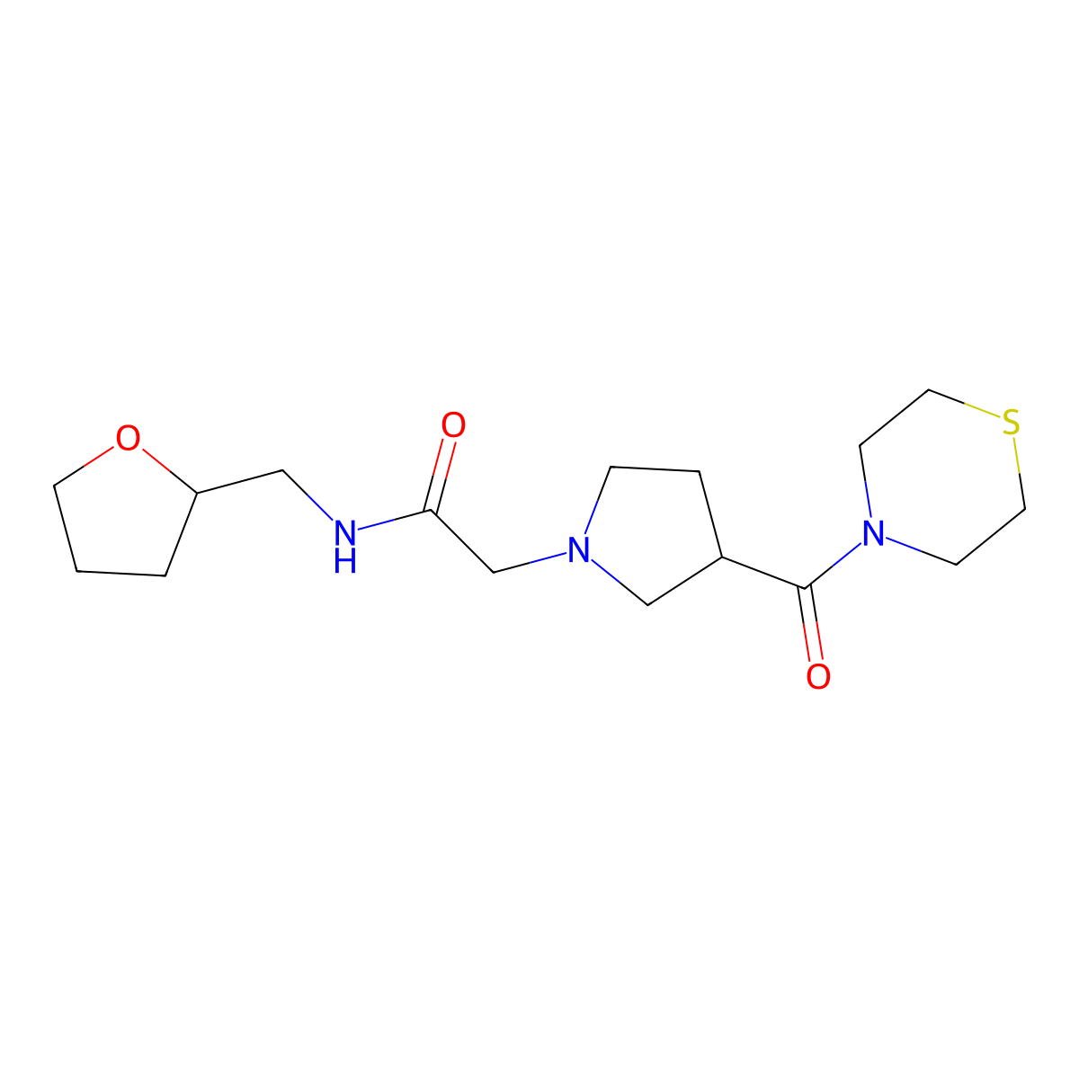 N-[(oxolan-2-yl)methyl]-2-[3-(thiomorpholine-4-carbonyl)pyrrolidin-1-yl]acetamide molecular structure, CAS 2877654-15-2