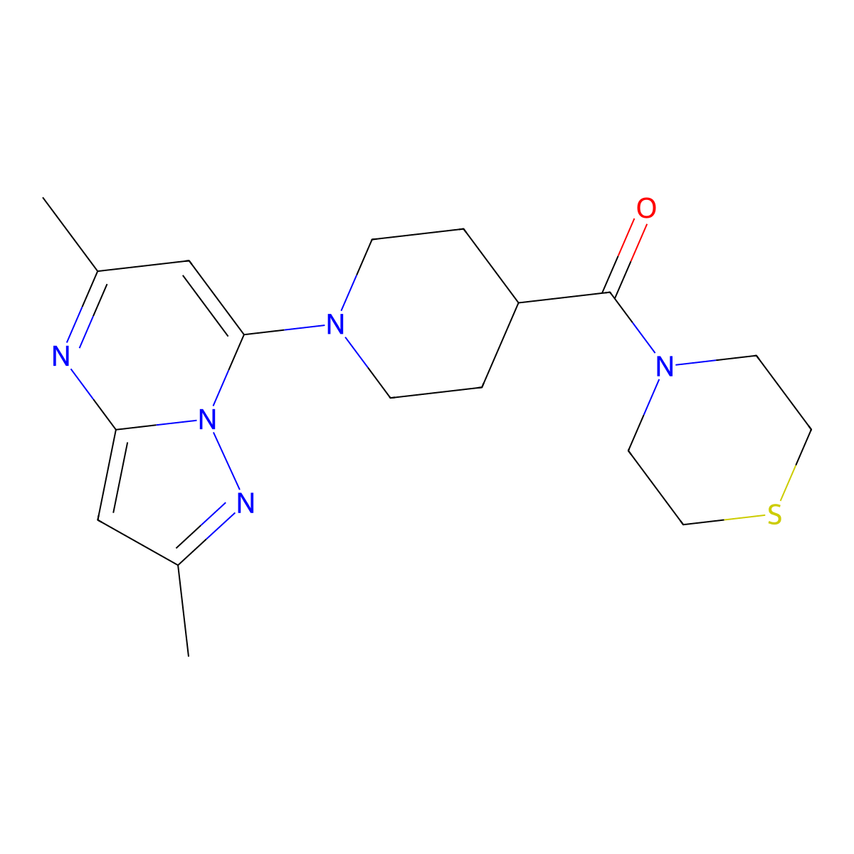 4-(1-{2,5-Dimethylpyrazolo[1,5-a]pyrimidin-7-yl}piperidine-4-carbonyl)thiomorpholine molecular structure, CAS 2877654-16-3
