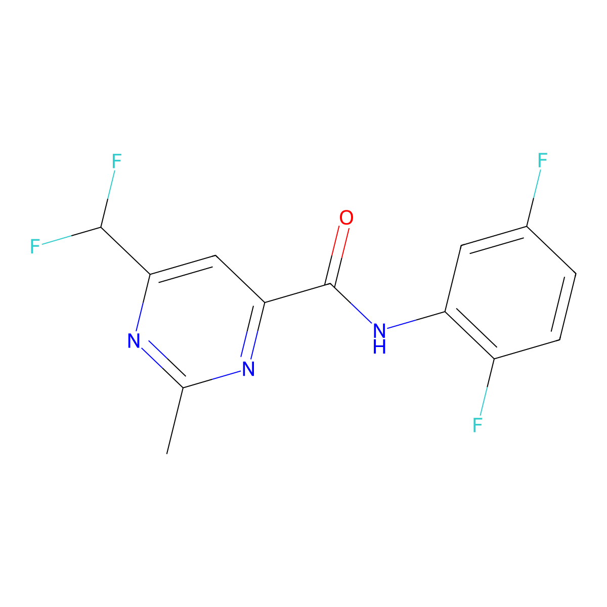 6-(difluoromethyl)-N-(2,5-difluorophenyl)-2-methylpyrimidine-4-carboxamide molecular structure, CAS 2877654-19-6