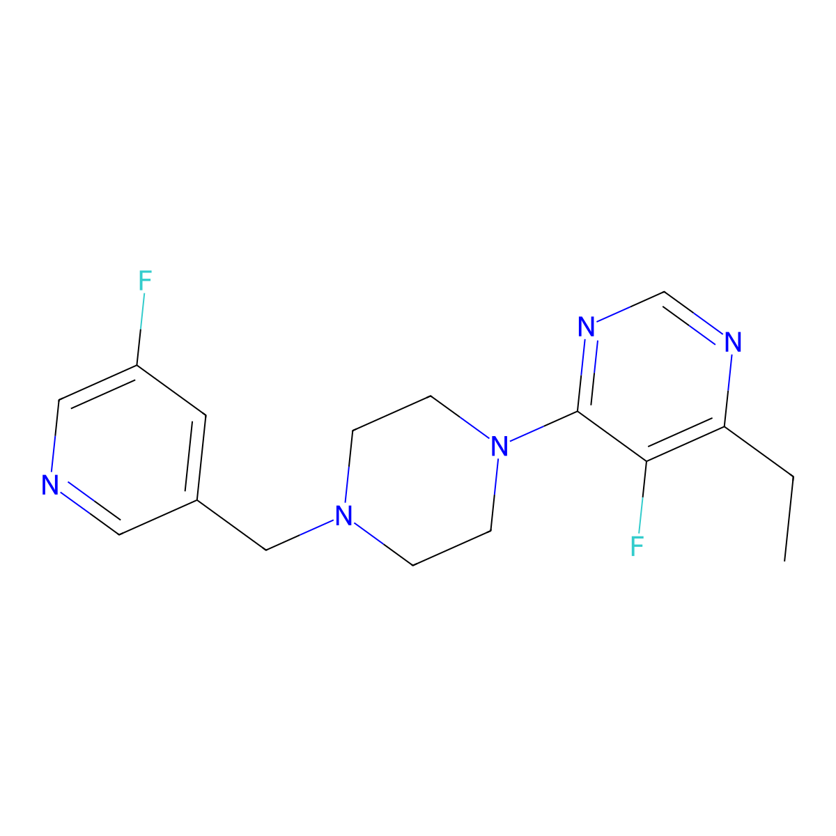4-Ethyl-5-fluoro-6-{4-[(5-fluoropyridin-3-yl)methyl]piperazin-1-yl}pyrimidine molecular structure, CAS 2877654-22-1