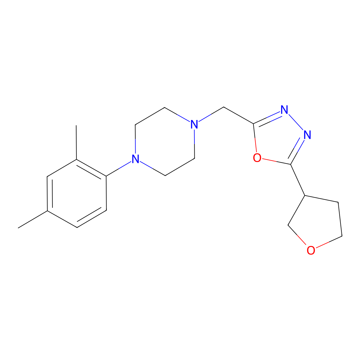 1-(2,4-Dimethylphenyl)-4-{[5-(oxolan-3-yl)-1,3,4-oxadiazol-2-yl]methyl}piperazine molecular structure, CAS 2877654-23-2