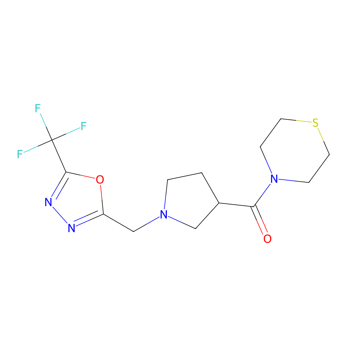 4-(1-{[5-(Trifluoromethyl)-1,3,4-oxadiazol-2-yl]methyl}pyrrolidine-3-carbonyl)thiomorpholine molecular structure, CAS 2877654-26-5