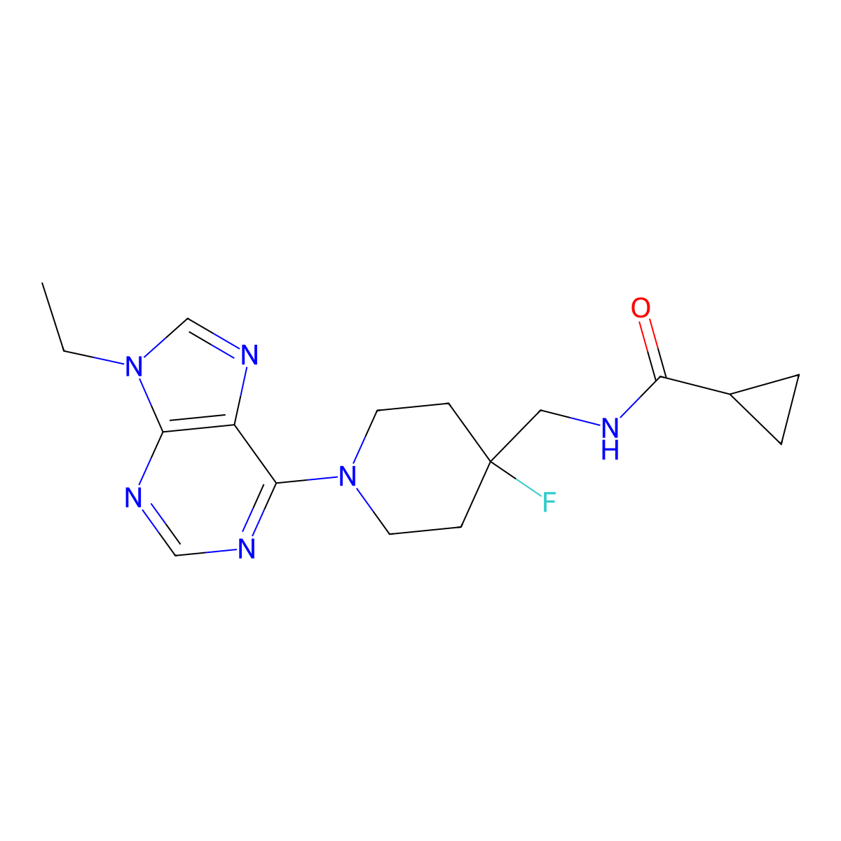 N-{[1-(9-ethyl-9H-purin-6-yl)-4-fluoropiperidin-4-yl]methyl}cyclopropanecarboxamide molecular structure, CAS 2877654-27-6