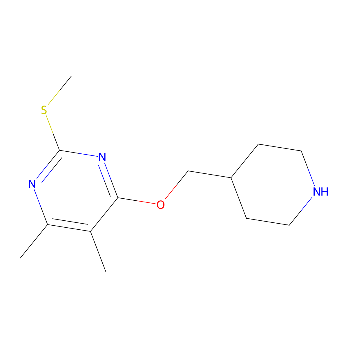 4,5-Dimethyl-2-(methylsulfanyl)-6-[(piperidin-4-yl)methoxy]pyrimidine molecular structure, CAS 2877654-29-8