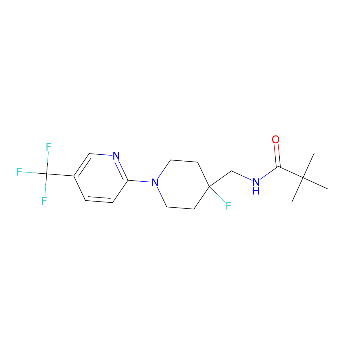 N-({4-fluoro-1-[5-(trifluoromethyl)pyridin-2-yl]piperidin-4-yl}methyl)-2,2-dimethylpropanamide molecular structure, CAS 2877654-39-0