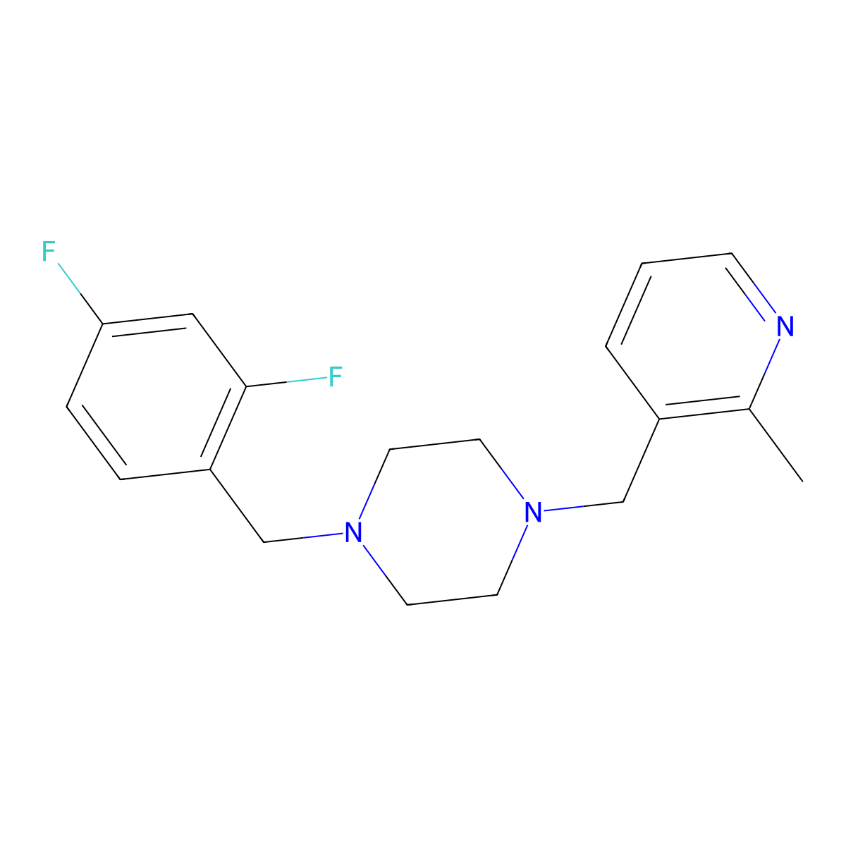 1-[(2,4-Difluorophenyl)methyl]-4-[(2-methylpyridin-3-yl)methyl]piperazine molecular structure, CAS 2877654-43-6