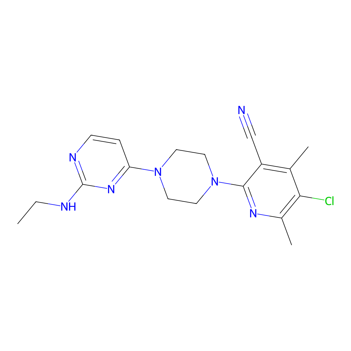 5-Chloro-2-{4-[2-(ethylamino)pyrimidin-4-yl]piperazin-1-yl}-4,6-dimethylpyridine-3-carbonitrile molecular structure, CAS 2877654-45-8