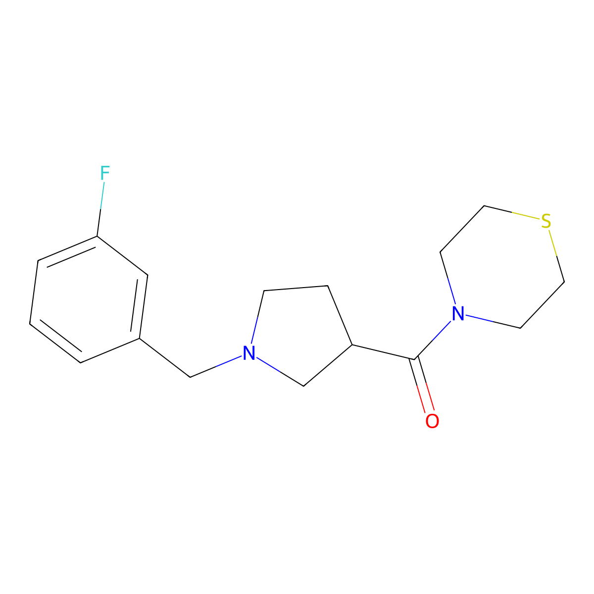 4-{1-[(3-Fluorophenyl)methyl]pyrrolidine-3-carbonyl}thiomorpholine molecular structure, CAS 2877654-52-7