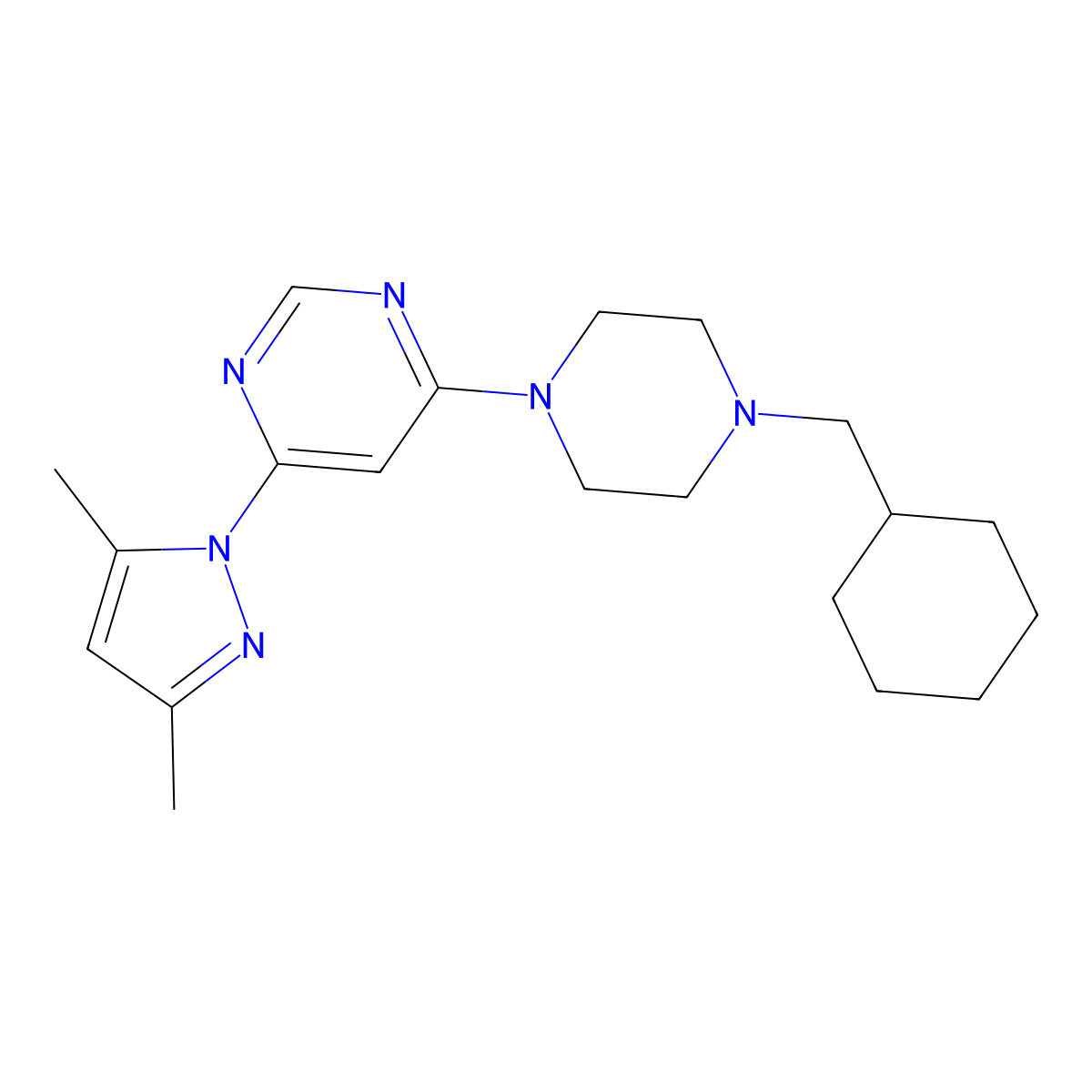 4-[4-(cyclohexylmethyl)piperazin-1-yl]-6-(3,5-dimethyl-1H-pyrazol-1-yl)pyrimidine molecular structure, CAS 2877654-57-2