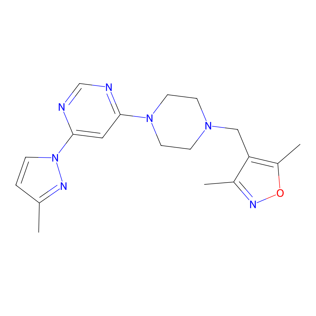 4-{4-[(3,5-dimethyl-1,2-oxazol-4-yl)methyl]piperazin-1-yl}-6-(3-methyl-1H-pyrazol-1-yl)pyrimidine molecular structure, CAS 2877654-65-2