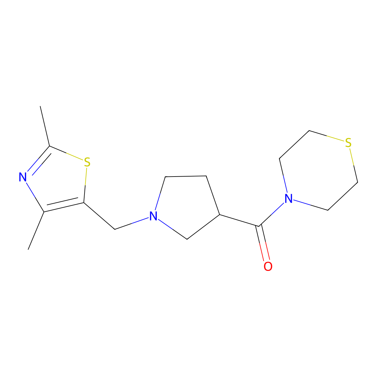 4-{1-[(2,4-Dimethyl-1,3-thiazol-5-yl)methyl]pyrrolidine-3-carbonyl}thiomorpholine molecular structure, CAS 2877654-69-6