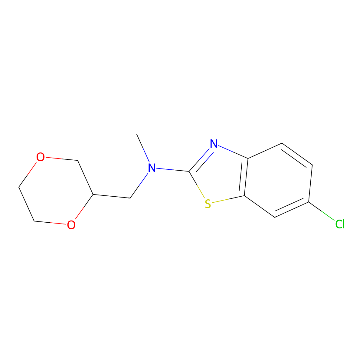 6-chloro-N-[(1,4-dioxan-2-yl)methyl]-N-methyl-1,3-benzothiazol-2-amine molecular structure, CAS 2877654-80-1