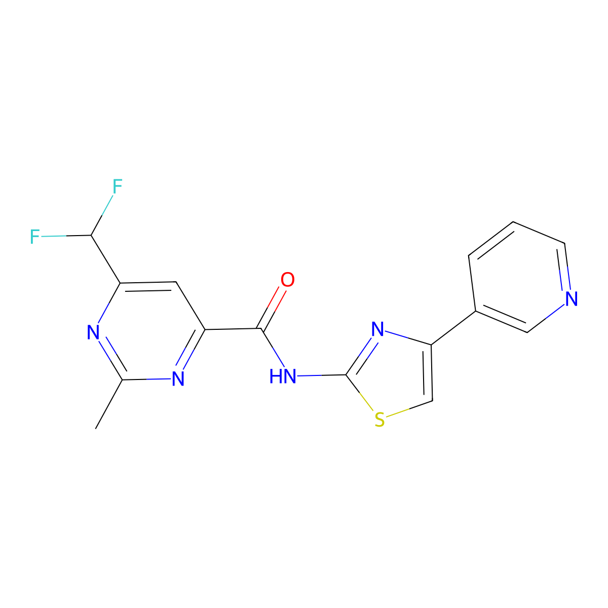 6-(difluoromethyl)-2-methyl-N-[4-(pyridin-3-yl)-1,3-thiazol-2-yl]pyrimidine-4-carboxamide molecular structure, CAS 2877654-90-3