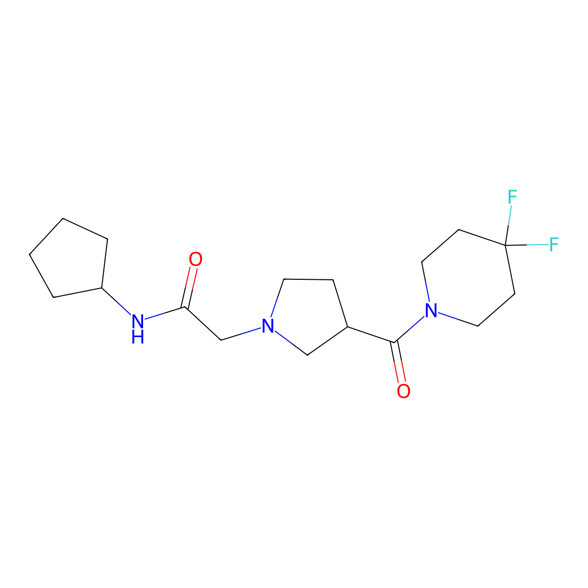 N-cyclopentyl-2-[3-(4,4-difluoropiperidine-1-carbonyl)pyrrolidin-1-yl]acetamide molecular structure, CAS 2877655-02-0