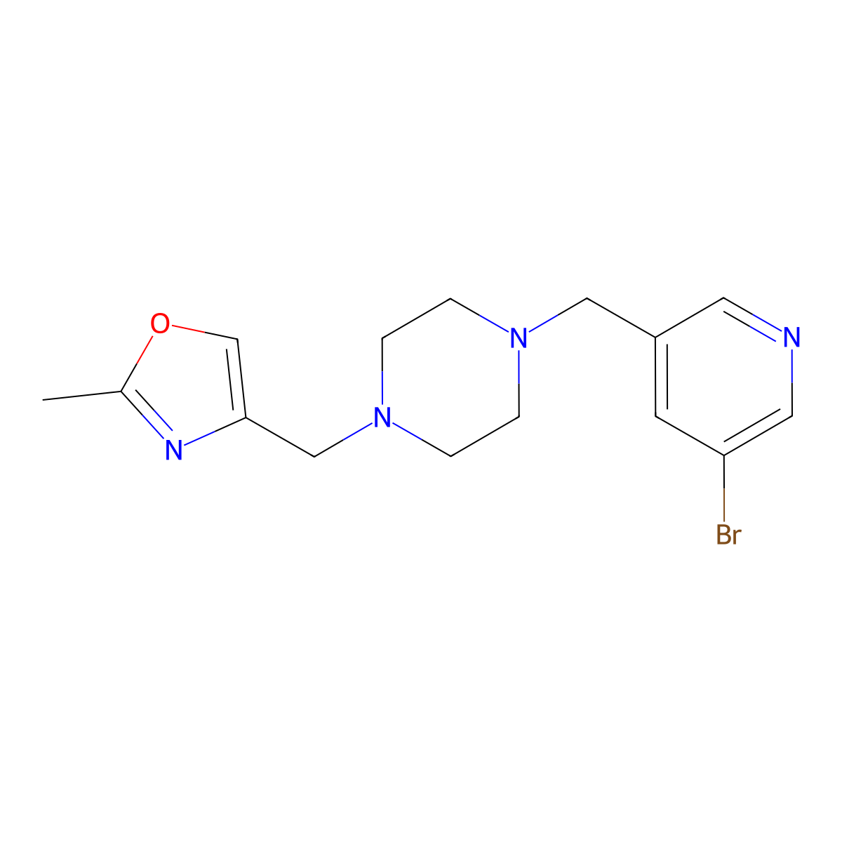 1-[(5-Bromopyridin-3-yl)methyl]-4-[(2-methyl-1,3-oxazol-4-yl)methyl]piperazine molecular structure, CAS 2877655-06-4