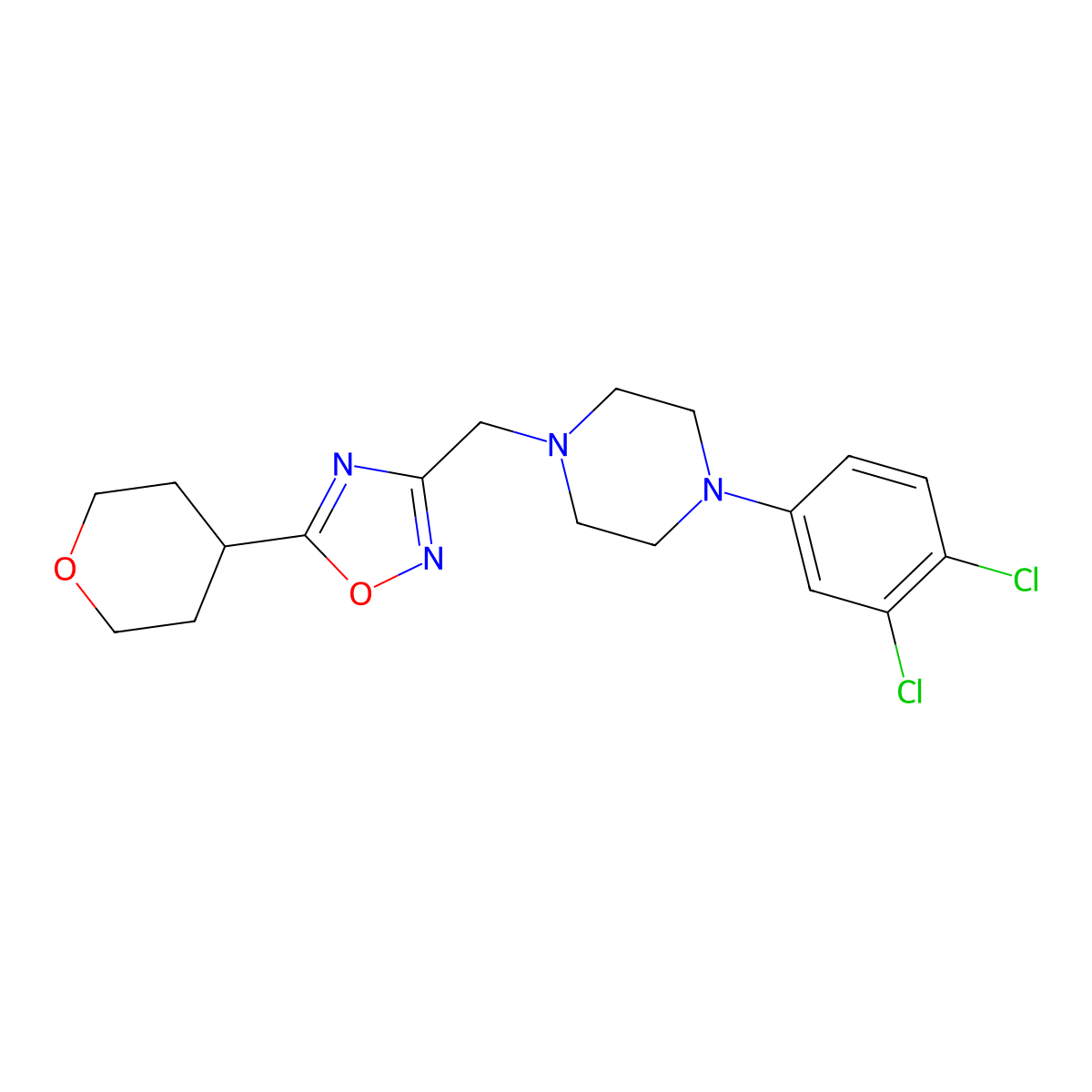 1-(3,4-Dichlorophenyl)-4-{[5-(oxan-4-yl)-1,2,4-oxadiazol-3-yl]methyl}piperazine molecular structure, CAS 2877655-63-3