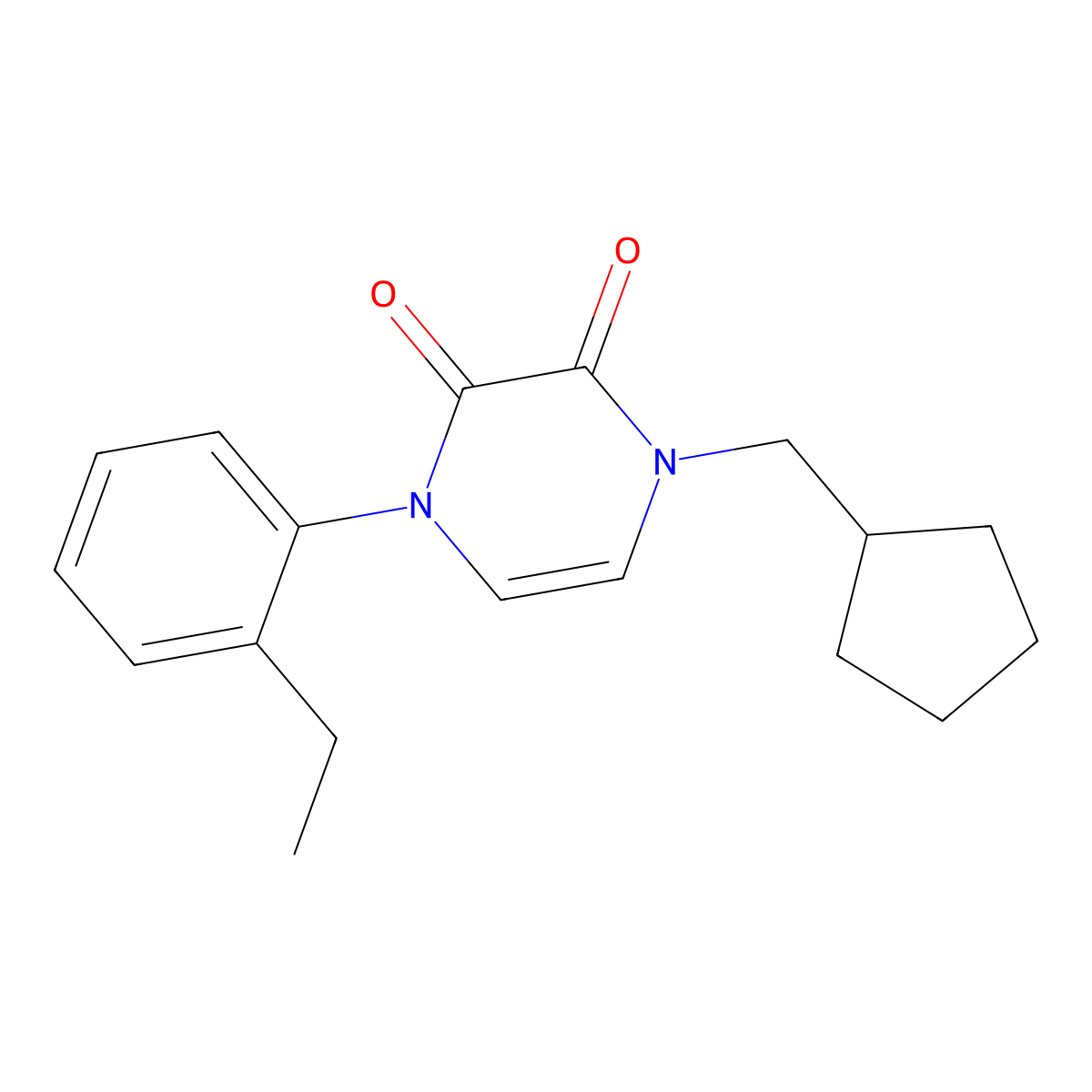 1-(Cyclopentylmethyl)-4-(2-ethylphenyl)-1,2,3,4-tetrahydropyrazine-2,3-dione molecular structure, CAS 2877655-70-2
